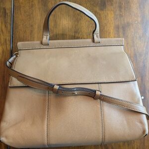Tory Burch Block-T Mini Leather Satchel Elegant Tan Leather Tote Bag